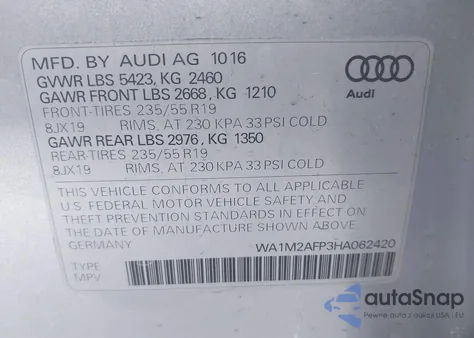 2017 Audi Q5 2.0T Premium z USA, uszkodzony, nr VIN WA1M2AFP3HA062420
